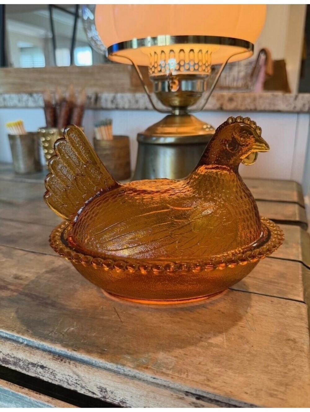 Vtg Indiana Glass Amber Hen on Nest Covered Candy Dish EUC Mid-Century 7”, 464 - Picture 4 of 8